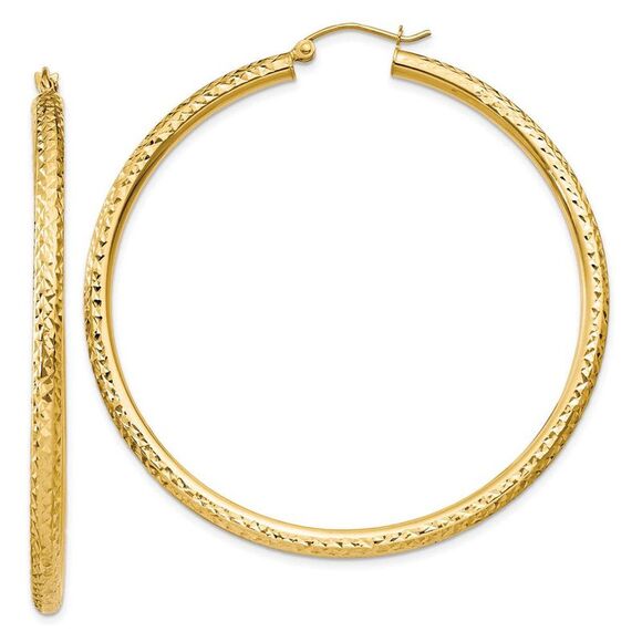 3mm x 55mm 14k Yellow Gold Diamond-cut Round Hoop Earrings